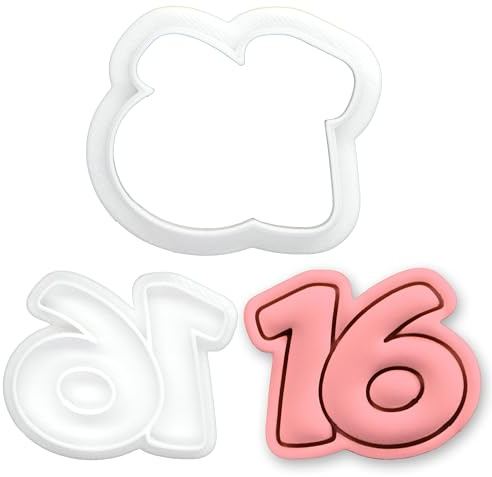 BAKERLOGY Number 16 Mini Cookie Cutter & Stamp Set – Sweet Sixteen Birthday Baking Tool for 16th Birthday Party, Cupcake Topper & Cake Fondant Decoration