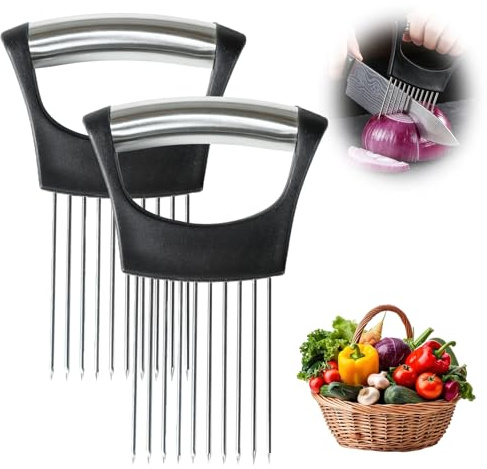 2 Pcs Onion Holder for Slicing, Stainless Steel Onion Holder, Onion Slicer with Protective Cover,Vegetable Slicer Holder for Cutting Vegetable, Potato,Fruit, Lemon, Avocados, Meat Slices Tool
