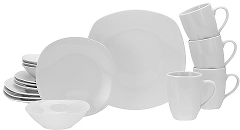 CreaTable, 13915, Serie Square weiß, 16-teiliges Geschirrset für 4 Personen, Kombiservice aus Porzellan, spülmaschinen- und mikrowellengeeignet, Qualitätsproduktion