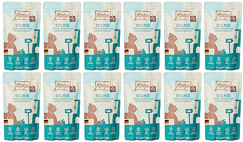 MjAMjAM - comida húmeda premium para gatos - Quetschie - puro disfrute de la carne - buen pavo puro, paquete de 12 (12 x 125 g), sin cereales con carne extra