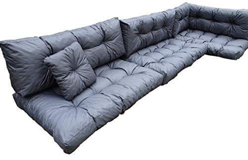 EIN Satz von 8 Kissen für Standardpaletten und passt für die meisten Palettensätze Dieser Art. Hergestellt aus hochwertigen Materialien/Baumwolle + granuliertem Polyurethanschaum (Anthrazit)