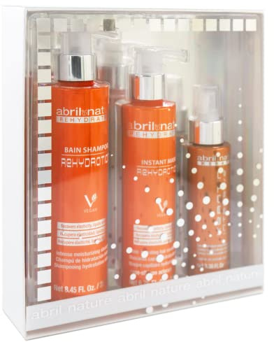 abril et nature - Set de Soins Capillaires Professionnels Rehydration - Hydratation Maximale pour Cheveux Secs - Pack Shampooing, Masque et Sérum - Restaure la Flexibilité et l’Aspect Sain - 550 ml