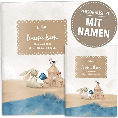 OLGS U-Heft und Impfpasshüllen Set Auf Hoher See | Untersuchungsheft Hülle & Impfpasshülle personalisierbar mit Namen und Geburtsdatum (U-Heft Set personalisiert, Sandburg Hase)