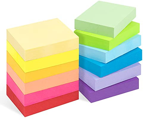 12 Stück Farbige Haftnotizen - 50 x 38mm Sticky Notes, Selbstklebende Haftnotizzettel Klebezettel bunt zettel farbig Notizblöcke für Büro Haus, 1200 Blatt insgesamt, 12 Farben