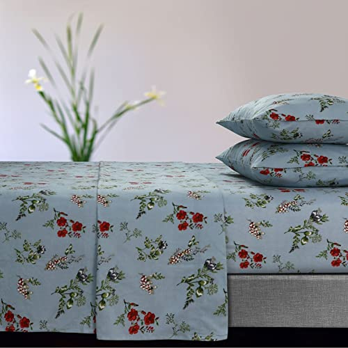 Tribeca Living Leilani Leilani Parure de lit en Flanelle Ultra Douce avec Poche très Profonde Motif Floral 170 g/m², lit jumeau, Bleu (LEILANSHETWBL)