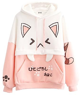 Himifashion Sweat à capuche mignon pour adolescentes filles imprimé chat kawaii pull tops plus en velours ample chaud (rose) (hm-352), taille unique
