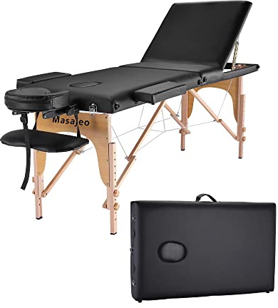 Massage Table Portable Massage Bed Professional Lash Facial Eyelash SPA Bed Reiki Table, 3 Section Wooden Frame Height Adjustable with Accessories & Carrying Bag, 84 Inch Long