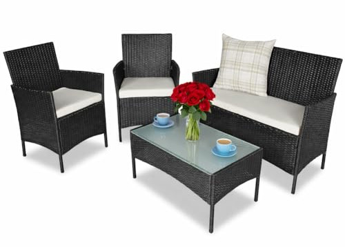 BAKAJI Polyrattan Komplettset Sessel und Gartentisch Komplettes Loungesofa, Sofa, Tisch, Rattan, Gartenmöbel, Schwarz, Standard