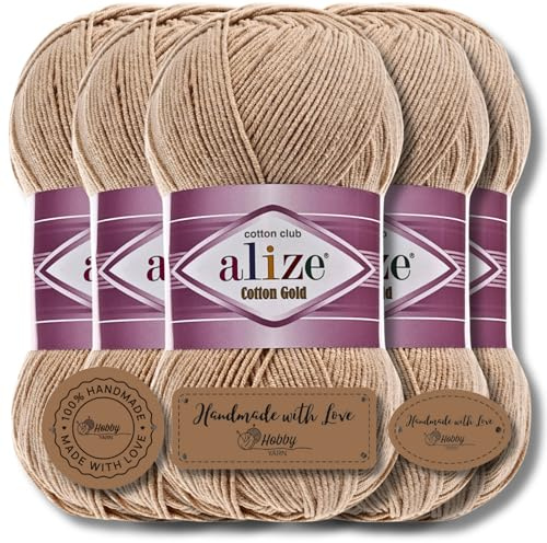 Hobby YARN 3x Etikettenlabel mit Alize Cotton Gold Wolle Premium 5x100g als Set, Yarn, Garn, Sommerwolle, Baumwolle, Strickgarn, Einfarbig, Baby, Kleidung, Schals (Beige - 262)