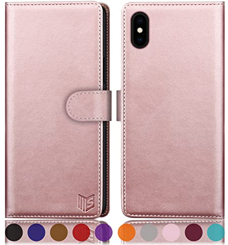 SUANPOT Etui Coque pour iPhone XS Max 6.5 [RFID Blocage] [Magnétique Protection] Fentes pour Cartes Protection Etui Housse Premium en Cuir PU pour Apple XS Max Portefeuille Or Rose
