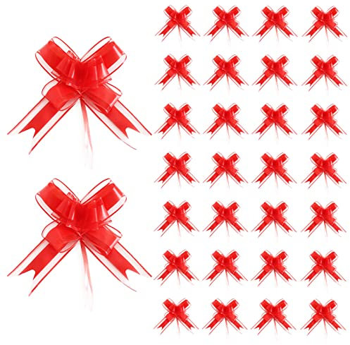 MIVAIUN 30 Stück Große Ziehschleife, Geschenk Schleife mit Geschenkband Matt für Geschenke Tüten Zuckertüten zum Basteln Dekorieren Verzieren Kleine Dekoschleifen für Weihnachten Geburtstag(Rot)