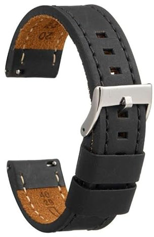 diloy Vintage Lederarmband gewachst weiße Naht XL – Extra lang handgefertigt – Für sportliche oder klassische Uhren – Größen 18mm 20mm 22mm 24mm 384EL Schwarz 20mm