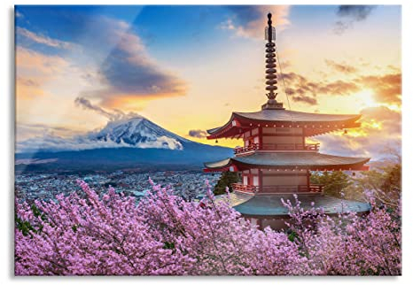 Pixxprint Tableau en verre - Décoration murale en verre véritable - Temple japonais entre fleurs de cerisier - 80 x 60 cm - Avec suspension et entretoise
