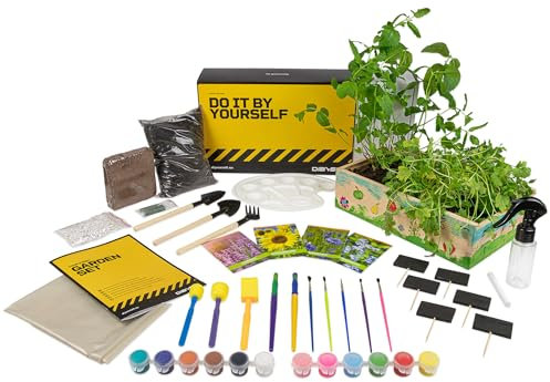 DIBYS Anzucht-Set für Kinder | Komplettes Garten-Set mit Blumen-Samen, Holzwerkzeug, Erde, Farben & Anzuchtbox zum Bemalen | Kreative Geschenk-Idee für Jungen & Mädchen | Pflanzen-Set