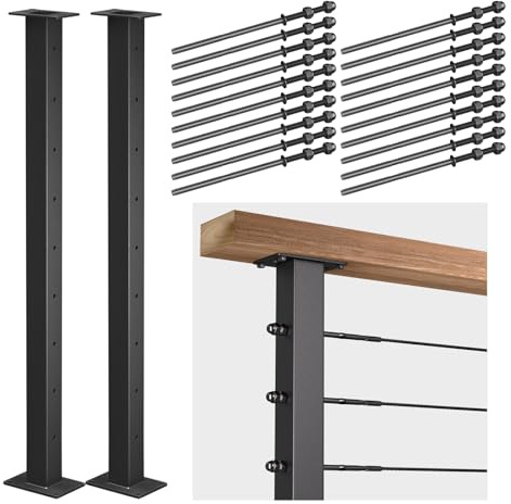 Deck Man 2 Pack Stainless Steel Cable Railing Post(2×2) with 1/8 Cable Railing Kit, Level drilled (2, Black, 36 inch)