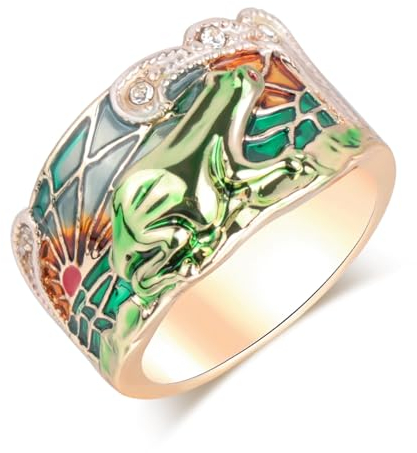 BISONBLUE Ringe Damen Rings Frauen Geschenk Modeaccessoires Lucky Flower Tree Ringe Mode Rosa Opal Grün Emaille Breiter Ring Für Frau Party Kristall Vintage 8 Z0066