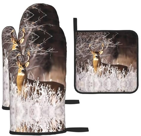 Trukd Ofenhandschuhe mit Hirschmotiv, 2 Handschuhe und 1 Topflappen, hitzebeständig, für Küche, Mikrowelle, Grill