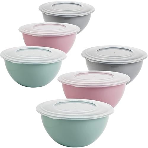 SUSTANIA Salatschüssel mit Deckel 5l, Schüssel mit Deckel, 6er Rührschüssel set, BPA-frei Kunststoff, Farbe: hell grau, pastell rosa, pastell grün, Transparent Deckel, Ø 28cm, Made in EU, Model Kai