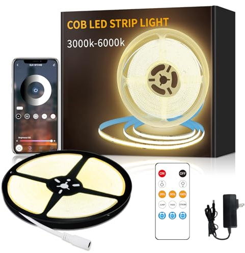 Yeewhale COB LED Strip Lights 32.8ft,3000K DC 24V Dimmable Warm White Flexible LED Rope Lights for Bedroom,with Remote and app Control LED Lights Strip for Living Room, Shelf, Cabinet