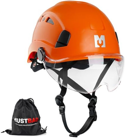 Mustbau Elmetto rigido di sicurezza da arrampicata con visiera trasparente e sottogola 53-63 cm, ideale per costruttori e lavori in altezza, EN12492 (Arancione)