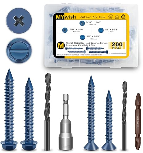 Concrete Screws with Drill Bits 200Pcs Concrete Screws Assortment Kit 1/4 3/16, Flat Pillips & Hex Head Masonry Screws, Block Brick Cement Screws and Anchors, Self Tapping by Mywish