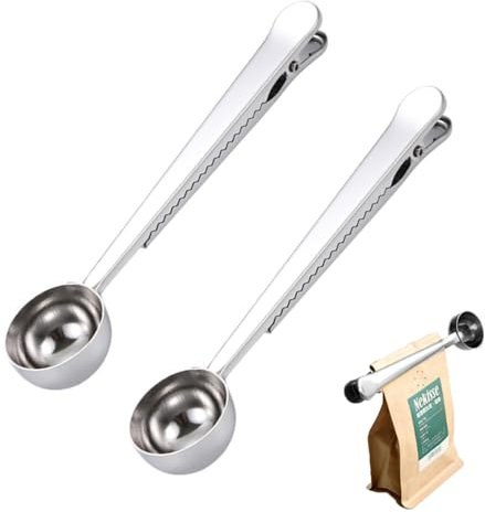 2 PCS Coffee Scoop with Bag Clip 2 in 1 Coffee Measuring Spoon Stainless Steel Coffee Bags Sealer for Cafetiere Ground Coffee and Beans