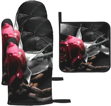 Set di 3 guanti da forno e presine in stile gotico con rose nere, resistenti al calore, regalo da cucina per cucinare
