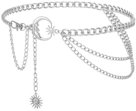 YBEATY 3 Layered Body Belly Belt Metal Waist Chain Moon and Sun Chain Silver Fashion Multilayer Link Belts Jewelry Accessories for Women Jeans Dresses Party Country Concert Outfits