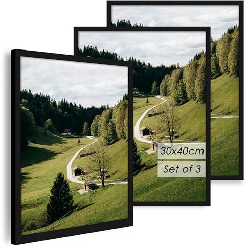 QPQIYIY Marco 30x40 cm, Marco de Fotos 30x40 Juego de 3, Negro, Madera de Ingeniería con Acrílico, Para Fotos, Posters y Puzzles