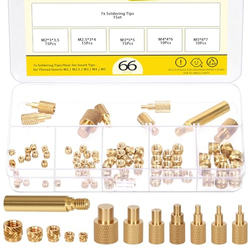 Mardatt 73 Stück Messing Gewinde Einsätze mit Heat Set Einsatz Spitzen Set, M2 M2.5 M3 M4 M5 Weiblich Gewinde metrische Knurled Muttern + Lötspitze Hardware-Muttern