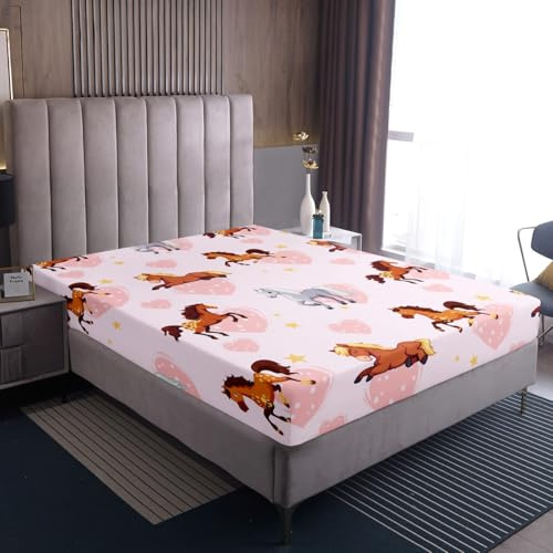 Homewish Süße Galoppierendem Pferd Spannbettlaken 90x200cm Kinder,Bettlaken für Mädchen Teenager Jungen Tierliebhaber,Pferde Spannbetttuch Kawaii Cartoon Laken Herz Landhausstil Schlafzimmerdekor