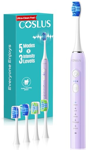 COSLUS C30 Electric Toothbrush for Adults & Kids: 3 Intensities & 5 Modes for Effective Yet Gentle Ultra-Clean Feel, 2 Types of Heads for Gentle & Daily Care, Travel & Family Use, Purple, 1PC