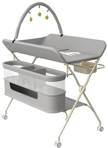 OHMG Wickeltisch für Babys,tragbarer klappbarer Wickeltisch mit Rollen,Mobile wickeltisch klappbar,wasserdicht und höhenverstellbar,Baby Changing Table für Neugeborene (B-Grau)