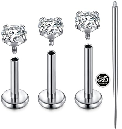 AVYRING Titanplugg piercing, 16G/18 g intern gänga medusapiercing för läpp, tragus, helix, conch, näspiercing, silver, 6 mm/8 mm/10 mm, 4 stycken, 6mm, 8mm, 10mm, Titan