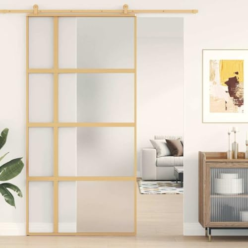 Barn Door Sliding Kit, Sliding Door Gold 102.5x205 cm Frosted ESG Glass and Aluminium, Scratch Resistance, Heavy Duty