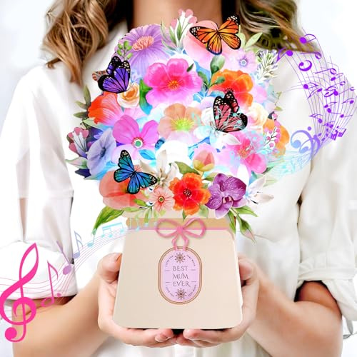 Mothers Day Cards, LIGHTS & MUSIC Orchid Pop Up Card, Lily and Butterflies, 10 Inch Life Sized Forever Flower Bouquet Mother’s Day Cards from Daughter, Son, Husband, Gifts Cards for Mum Wife Grandma