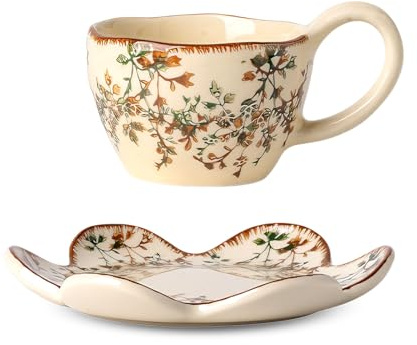 Keramik Kaffeetassen& Untertassen Set 280ml Tassen Set, Gelb Trompetenblume | Vintage-Design, Porzellan mit Blumenmuster, Cappuccino Tassen Set, Espressotasse Set Teeservice Geschenk Becher Set