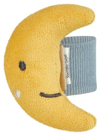 Sterntaler Armrassel Mond, Baby-Spielzeug für Hände, elastisches Bündchen, leicht anzuziehen, Rassel zum Spielen und Greifen, 7,5×6×3 cm, mattgelb