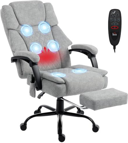 HOMCOM Bürostuhl mit Massagefunktion Ergonomisch Schreibtischstuhl Grau | Liege- & Wärmefunktion, Breiter Sitzfläche, Bedrucktem Samtoptik, Höhenverstellbar, Drehstuhl mit Fernbedienung, Seitentasche