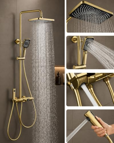 SHUGUANG Colonna Doccia Termostatica Oro, Colonna Doccia con Miscelatore, Set Doccia Ottone con Scarico per Vasca, Doccetta Bidet, 30x18cm Soffione Doccia, 3 modalità Doccetta e Ripiani