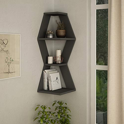 HOCUS PICUS | Sablor Eck Wandregal mit 3 Ebenen | Modernes Dekoratives Wandregal, Schweberegal, Bücherregal für Küche, Wohnzimmer, Arbeitszimmer, Schlafzimmer | 30 x 30 x 86 cm | Anthrazit