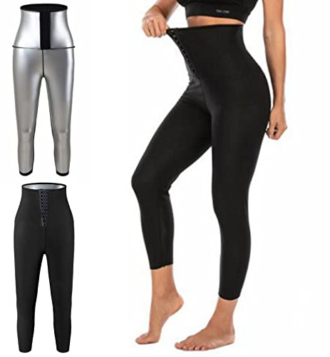 XIYAO Kvinnors svettbyxor med ficka hög midja svettshorts sport bantningsbyxor bastu slimmande anti-celluliter leggings för jogging fitness yoga gym för viktminskning