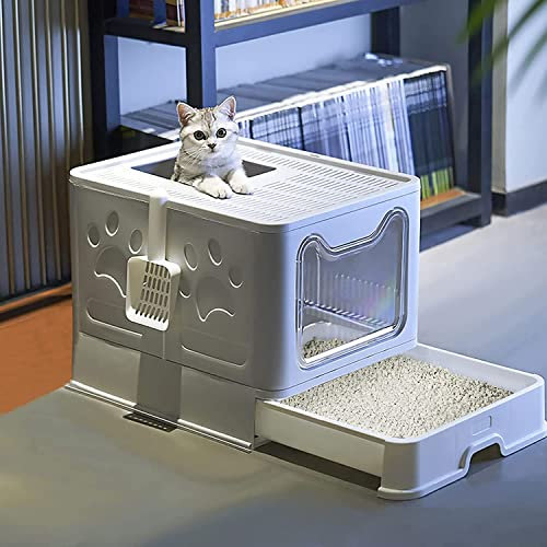 Katzentoilette|Faltbar Katzenklo mit Deckel|Inklusive Scoop-Massage-Kamm-Bürste-Haustier-Silikon-Shampoo-Bürste|Feder-Teaser-Katzenspielzeug-Große Kapazität,Leicht zu Reinigen(51X41X38CM)
