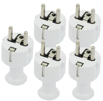 KEL 5 Stück Set Uni Schuko Stecker, Weiß 16A / 250 V - Schutzkontaktstecker IP20, Kunststoff Stecker Schuko Ideal für Verlängerungskabel und Stromkabel-Reparatur, Uni Schukostecker aus Kunstoff