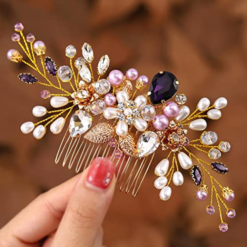 Ushiny Perlen-Hochzeits-Haarkamm Gold Haarschmuck Strass Braut Haarteil Kristall Abschlussball Seitenkamm für Frauen und Mädchen