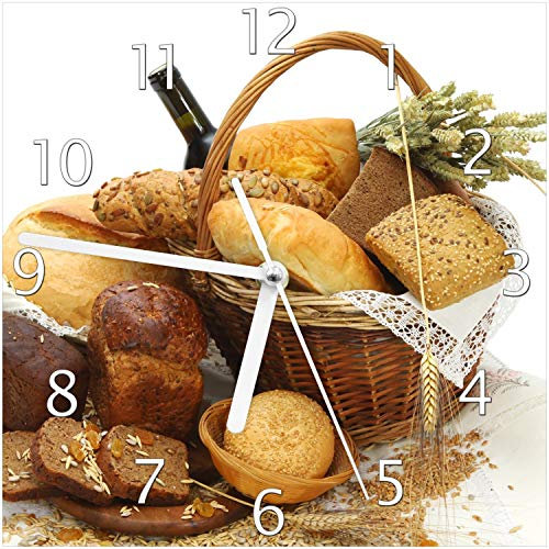 Wallario Design-Wanduhr Brot und Brötchen im eleganten Korb - mit Wein und Getreide aus Glas, Motiv-Uhr Größe 20 x 20 cm, weiße Zeiger