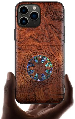 Carveit Étui pour iPhone 11 Pro Coque [Gravure en Bois et Incrustation de Coquille] Cover Compatible avec Apple 11 Pro Luxe et Case Etui Bois (Rosé-Bouclier Viking)
