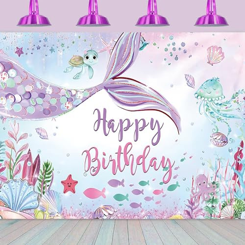Hnmdmyi 2.1x1.5m Sfondo sirena sotto il mare viola Teal coda di sirena Buon compleanno fotografia sfondo ragazza principessa piccola sirena decorazioni di festa di compleanno Banner Photo Booth Props