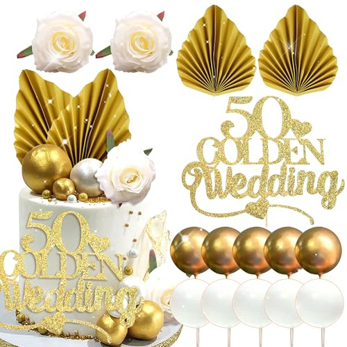 LaVenty Glitter Happy 50th Anniversary Cake Topper | 50 Golden Years Cake Topper 50th Wedding Anniversary Party Decorations
