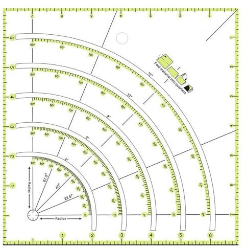 Acryl-Quilt-Lineal, 20,3 x 20,3 cm, multifunktionale Vorlage, Bögen und Fächer, Quilt-Kreisschneider-Lineal für Patchwork, Nähen (gelb)